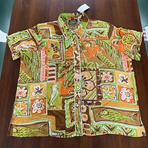 Bob Mackie Wearable Art 100% SILK Tropical Orange and Green Top Shirt Blouse 3XL